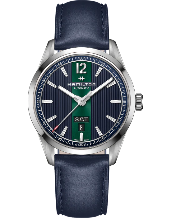 Hamilton Hamilton Broadway Day Date Auto H43515641  H43515641 механические мужские часы синий циферблат, браслет кожаный — вид спереди